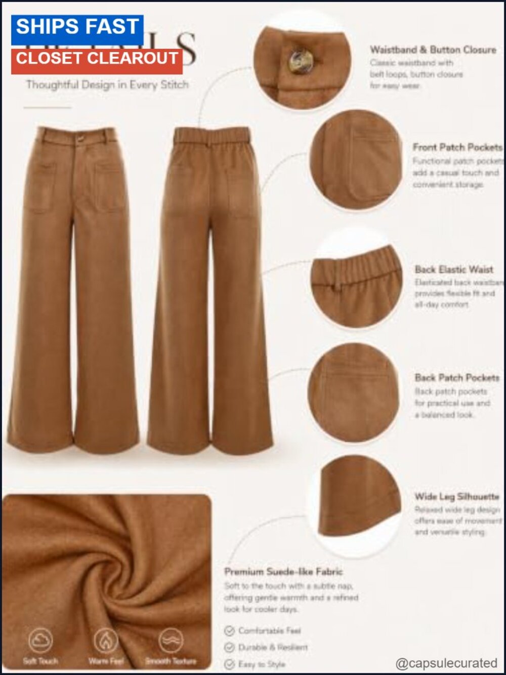Suede Straight Leg High Waisted Trousers Casual Fall Pants - Picture 5 of 6